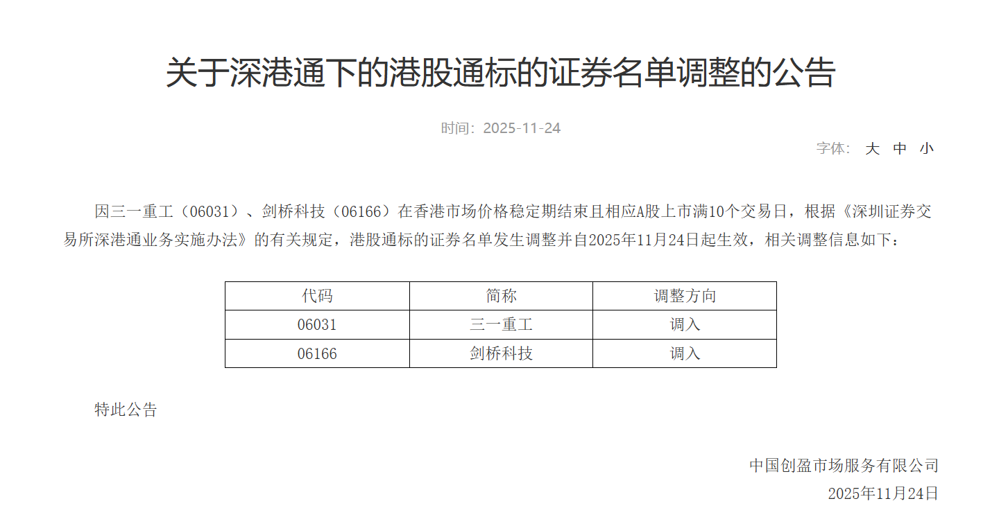 深交所：三一重工、剑桥科技调入港股通名单