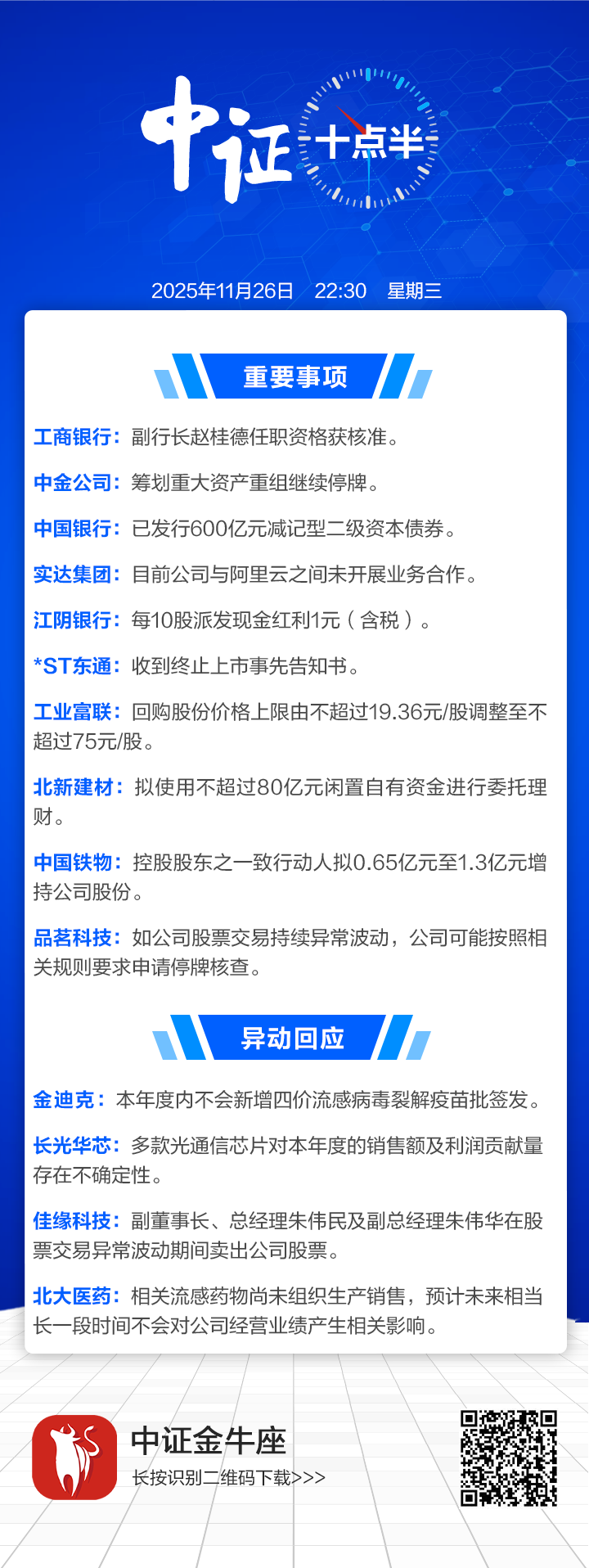 中证十点半】中金公司筹划重大资产重组，继续停牌；工业富联调整回购股份价格上限